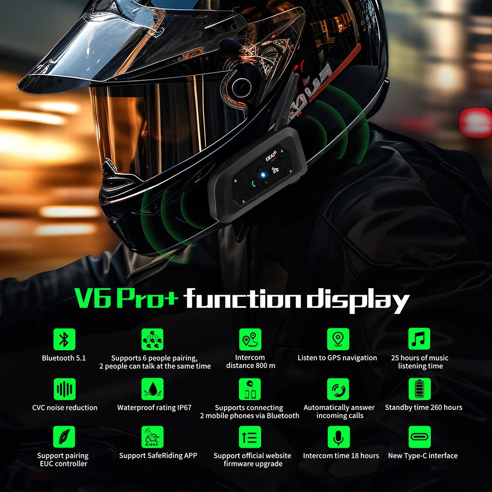 EJEAS V6 PRO+/PLUS Motorcycle Helmet Bluetooth Walkie Talkie 6 Rider